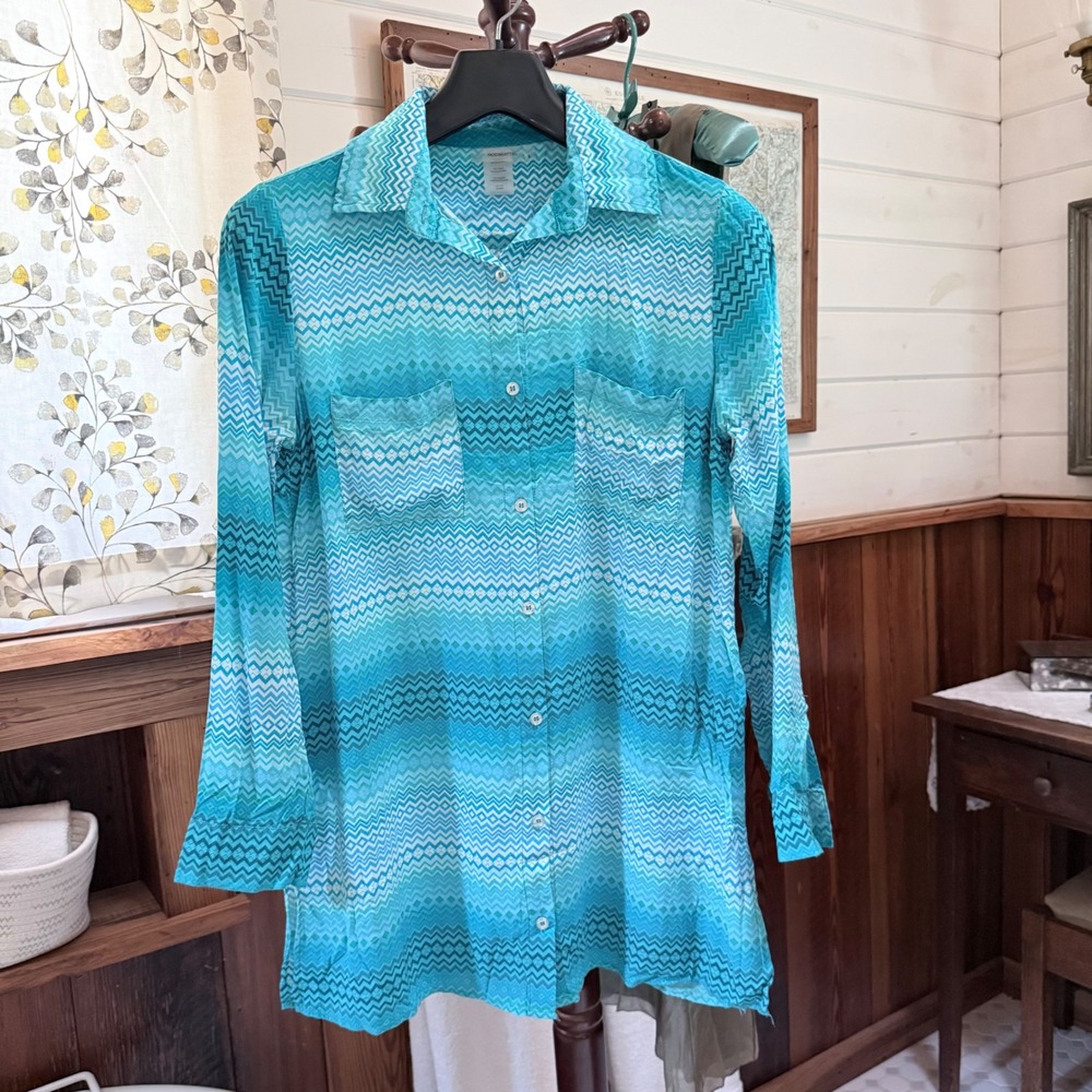 Bleu Rod Beattie Button Up Shirt Cover Up Medium Blue Teal Chevron Zigzag